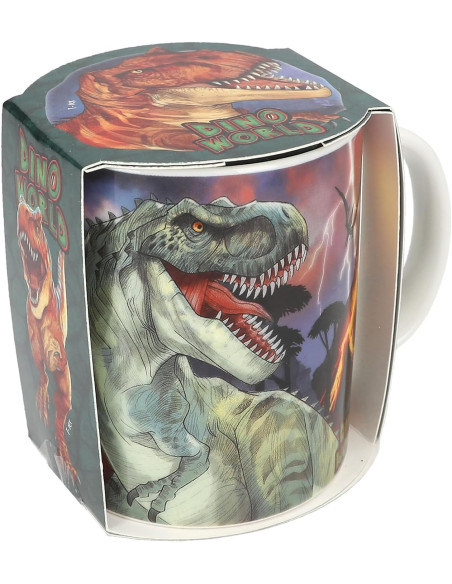 Dino World Blanco con Gran impresión de Dinosaurio, Taza de Porcelana con asa