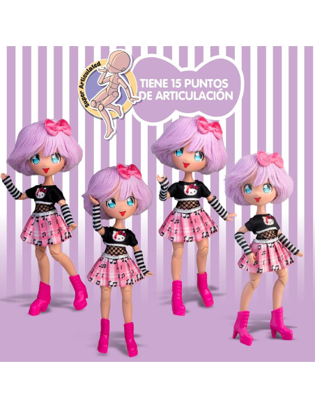 Hello Kitty Manga Doll Teddy Rock, Muñeca Fashion Japonesa con Looks a la Moda Manga