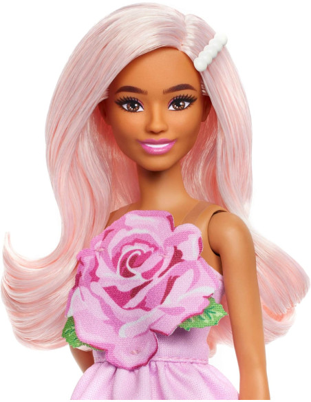 Barbie Fashionistas n. 238 Muñeca con pelo rosa pastel, vestido sin tirantes con corpiño de rosas