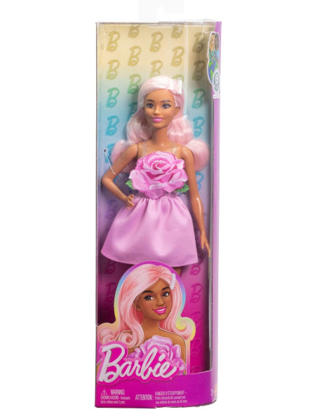 Barbie Fashionistas n. 238 Muñeca con pelo rosa pastel, vestido sin tirantes con corpiño de rosas
