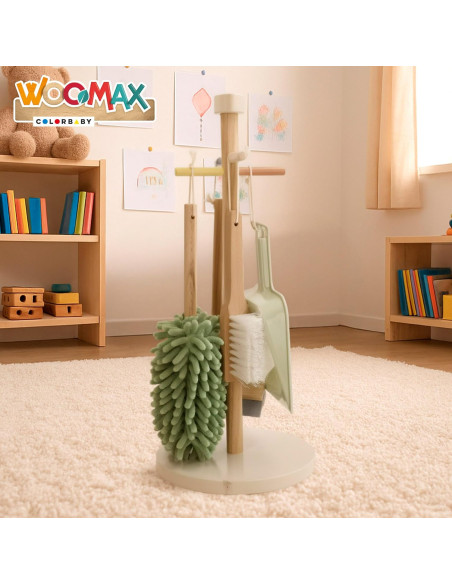 Set de Limpieza de Madera, con mopa, Cepillo, Limpiacristales, Recogedor y Soporte