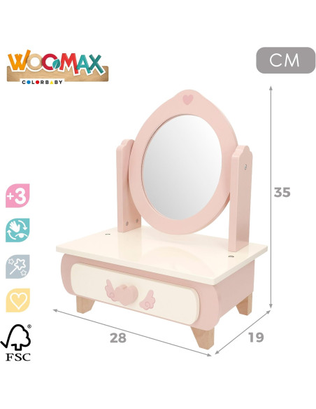 Tocador de Madera, con Espejo, Peine, Pintalabios, Frascos y paletas de Maquillaje