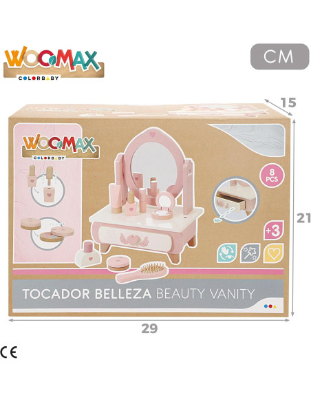 Tocador de Madera, con Espejo, Peine, Pintalabios, Frascos y paletas de Maquillaje