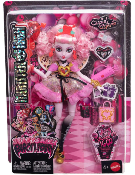 Monster High Cumplespantos Cupid Asteria Muñeca con vestido de fiesta rosa y rojo