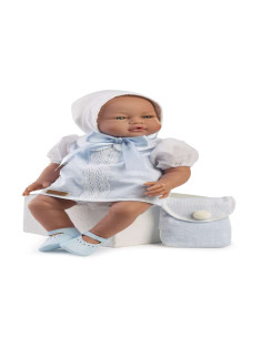 Lucas, vestido blanco y capota con detalles azules. Sin...