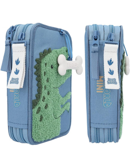 World Dino Mini-Estuche de 2 Compartimentos Azul, con Motivo de Dinosaurio de Rizo