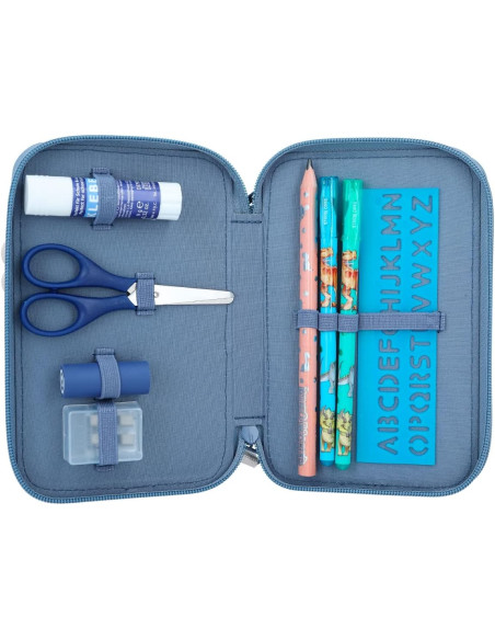 World Dino Mini-Estuche de 2 Compartimentos Azul, con Motivo de Dinosaurio de Rizo