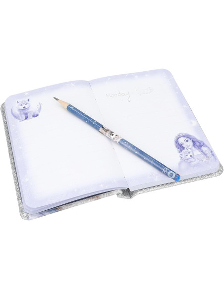 TOPModel Wolf-Cuaderno en Plata Brillante y Azul, con Motivo de Lobo