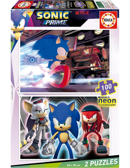 Sonic Prime Neon | Set de 2 Puzzles con 100 Piezas Que Brillan en la Oscuridad