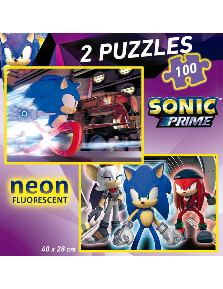 Sonic Prime Neon | Set de 2 Puzzles con 100 Piezas Que Brillan en la Oscuridad
