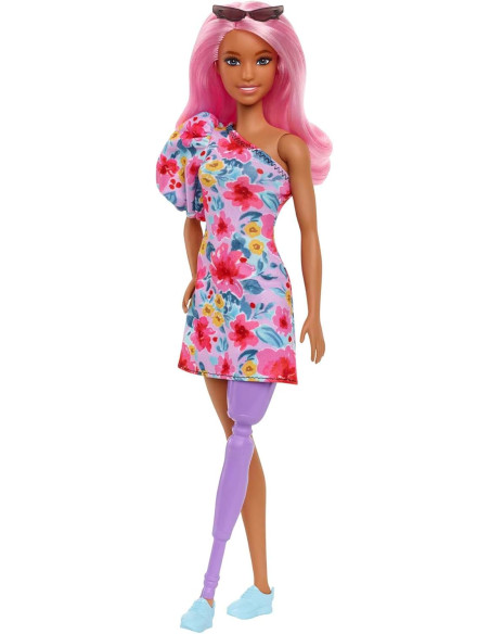Barbie Fashionista Vestido Floral un Hombro con Pierna protésica Muñeca con Pelo Rosa y Gafas