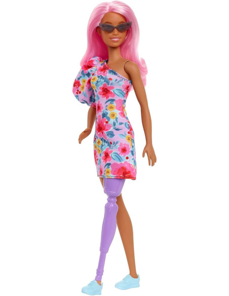 Barbie Fashionista Vestido Floral un Hombro con Pierna protésica Muñeca con Pelo Rosa y Gafas