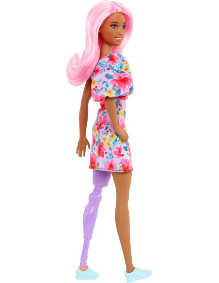 Barbie Fashionista Vestido Floral un Hombro con Pierna protésica Muñeca con Pelo Rosa y Gafas