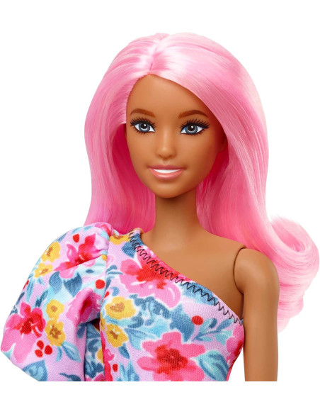 Barbie Fashionista Vestido Floral un Hombro con Pierna protésica Muñeca con Pelo Rosa y Gafas