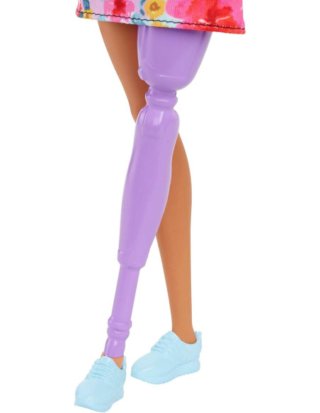 Barbie Fashionista Vestido Floral un Hombro con Pierna protésica Muñeca con Pelo Rosa y Gafas