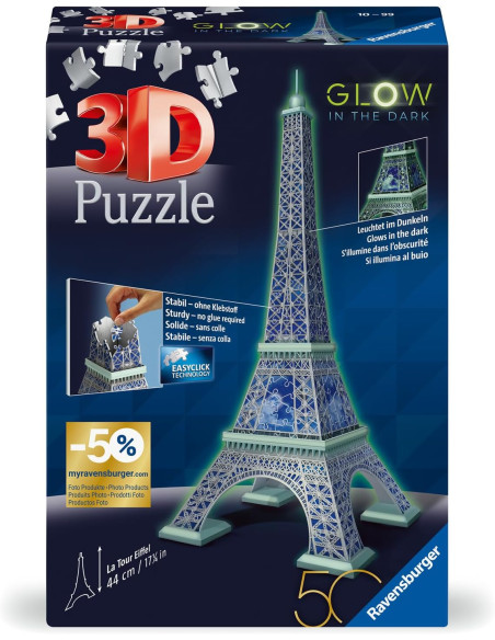 Puzzle 3D: 50 Aniversario, Torre Eiffel, Brilla en la Oscuridad, 216 Piezas