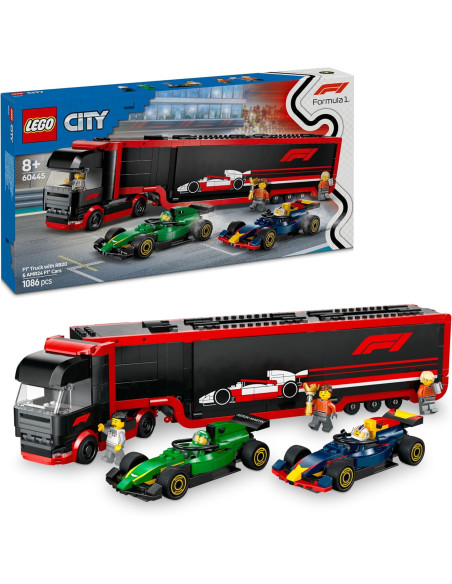 LEGO City Camión de F1 con Coches de F1 RB20 y AMR24, 2 Maquetas de Vehículos de Fórmula 1 Red Bull 