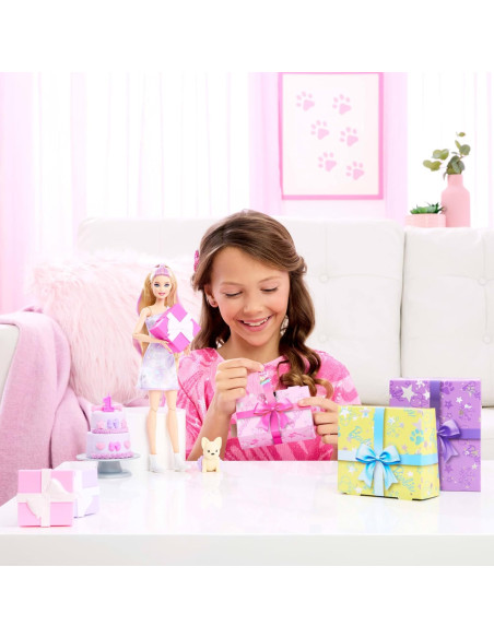 Barbie Party Unboxed Serie Cumpleaños de Mascotas Lazos de cumpleaños Muñeca y Accesorios