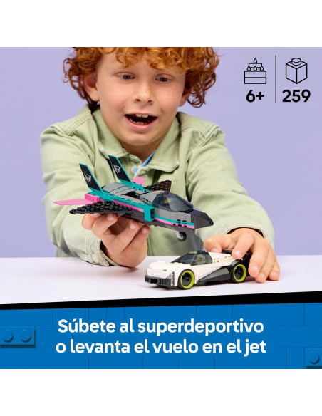 LEGO City Jet vs. Coche - Avión, Supercoche de Carreras y Minifiguras de Piloto y Conductor 