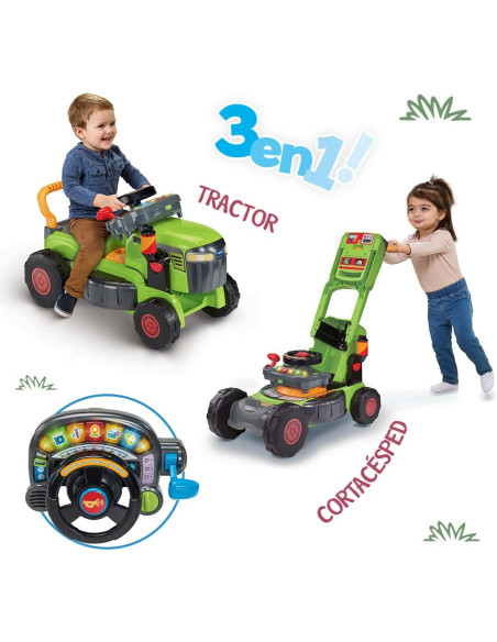 Baby Convertible 3 en 1 Tractor y Cortacésped Color Verde, Juguete para niños +1 Año