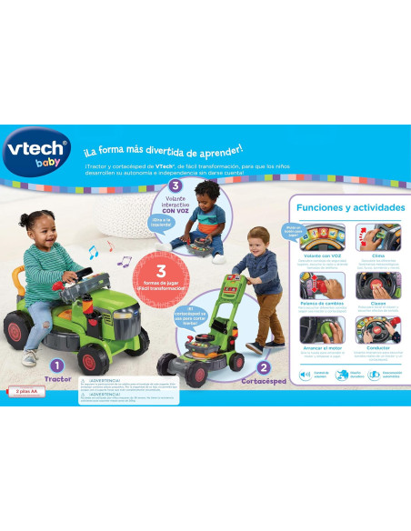 Baby Convertible 3 en 1 Tractor y Cortacésped Color Verde, Juguete para niños +1 Año