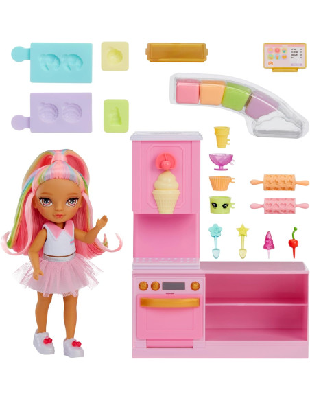 RAINBOW HIGH Littles Dessert Shop with Kandy Playset - Incluye una Pequeña Muñeca Rosa de 14 cm