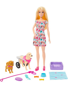 Barbie Muñeca Rubia paseadora de Perro con Silla de...