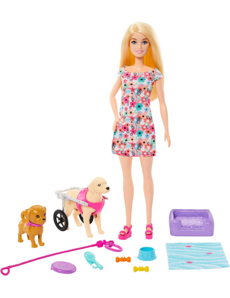Barbie Muñeca Rubia paseadora de Perro con Silla de Ruedas extraíble