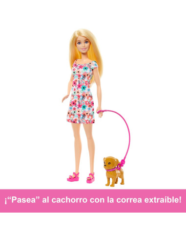Barbie Muñeca Rubia paseadora de Perro con...
