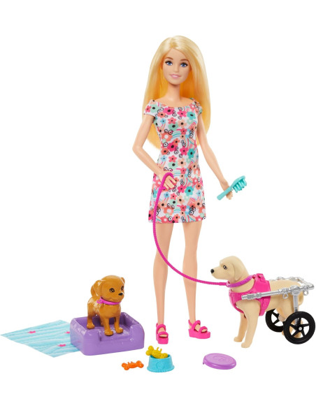 Barbie Muñeca Rubia paseadora de Perro con Silla de Ruedas extraíble