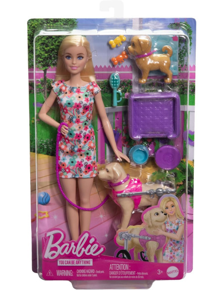 Barbie Muñeca Rubia paseadora de Perro con Silla de Ruedas extraíble