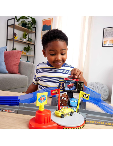 Disney y Pixar Cars Rayo Mcqueen burlón y Coche aplastado Pista de Carreras acrobáticas Copa Pistón