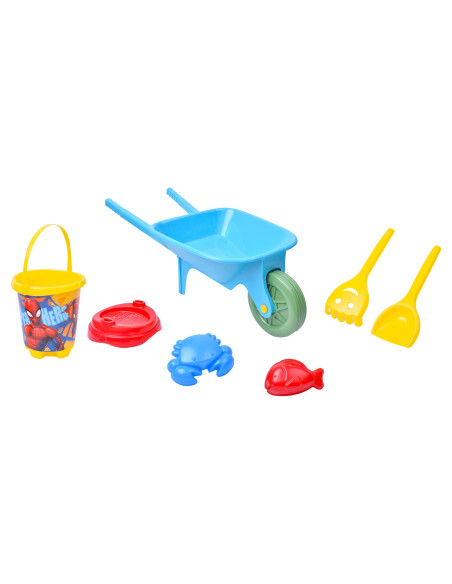 Set Carretilla Spiderman con Cubo Castillo, Pala, Rastrillo y Moldes