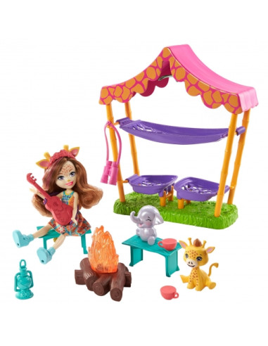 Enchantimals Muñeca Sunny Savanna y Set de Acampada y Mascota