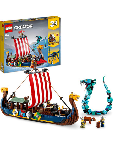 EGO 31132 Creator 3en1 Barco Vikingo y Serpiente Midgard o Casa de Juguete o Lobo Fenris