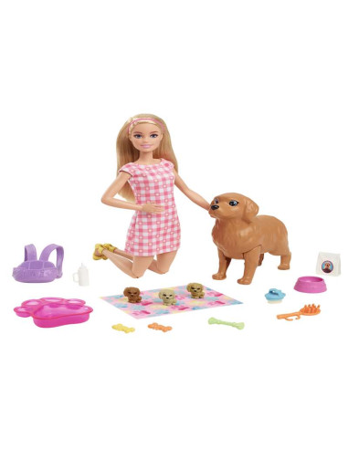 Barbie Muñeca con Mascotas - Mamá Perro con Función de Parto - 3 Cachorros y Accesorios