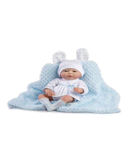 Reborn prematuro rafa, camsieta y braguitas con manta blanco y azul