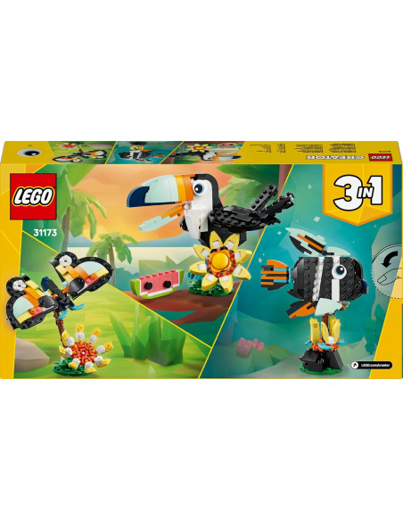 LEGO Creator 3 en 1 Fauna Salvaje: Tucán Tropical con Flor - Animal de Juguete Transformable