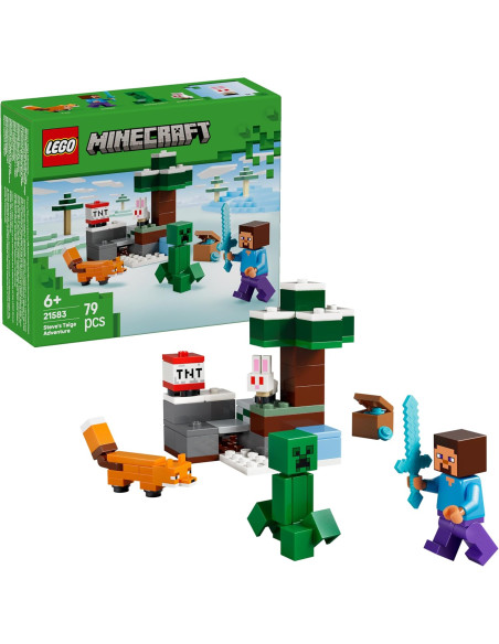 LEGO Minecraft La Aventura de Steve en la Taiga - Steve Espada de Diamantes, Creeper, Zorro y Conejo