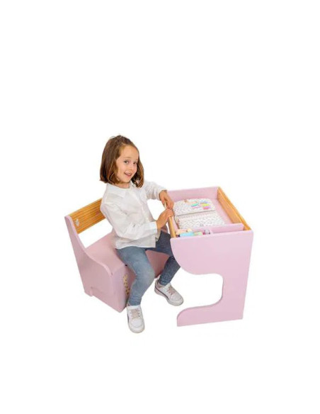 Escritorio infantil Nature con pizarra y banco baúl