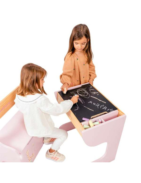 Escritorio infantil Nature con pizarra y banco baúl