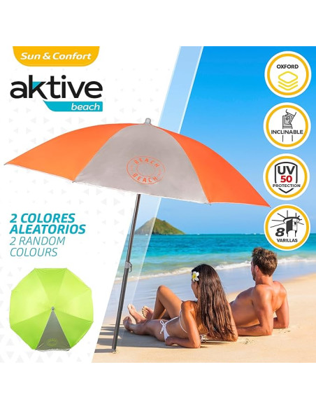 Aktive 62108 - Sombrilla de playa, Ø180 cm, color verde con protección UV filtro 50, mástil Ø22-2