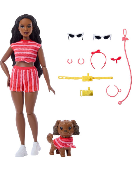 Barbie Twinning Looks muñeca con Perrito con Ropa de Rayas Rojas a Juego y Accesorios
