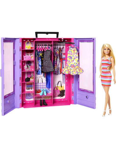 Barbie Fashionista Armario portátil para ropa de muñeca, incluye 3 looks completos, 6 perchas y muñe