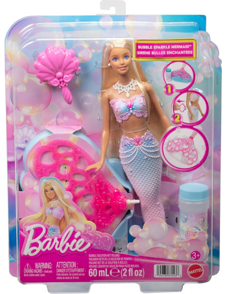 Barbie Bubble Sparkle Mermaid, muñeca con solución y función de Hacer Burbujas