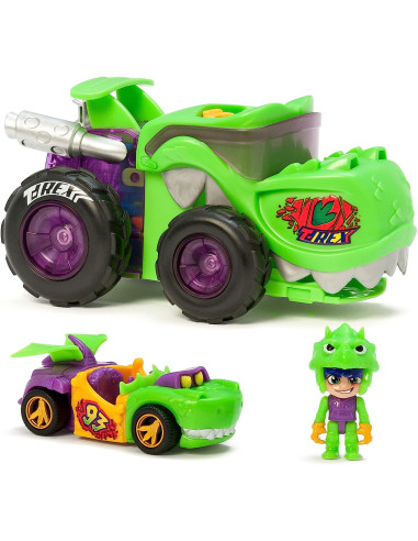 T-Racers Mega Wheels T-Rex – Vehículo-Lanzador con 1 piloto y 1 vehículo exclusivos