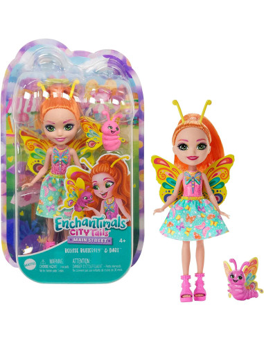 Enchantimals City Tails Main Street Belisse Butterfly y Dart Muñeca con mascota mariposa