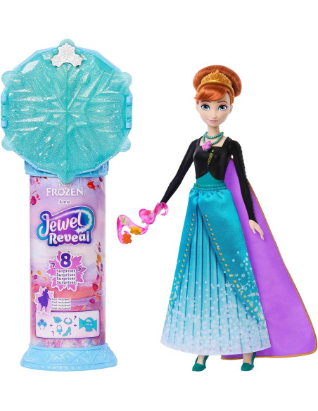 Disney Frozen Muñeca Anna de Moda y Accesorios con 8 sorpresas, Incluido un joyero con Forma de Copo