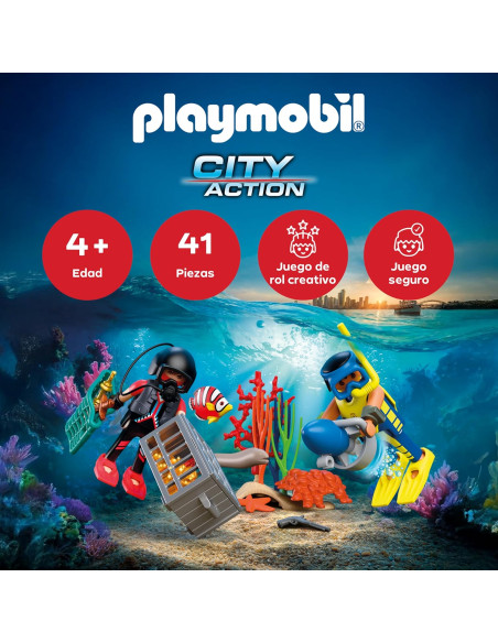 PLAYMOBIL | City Action | Buzo policía con Tesoro | 2 Figuras + Moto submarina y Criaturas Marinas