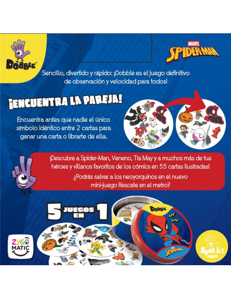 Dobble Spiderman, Juego de Cartas de Observación y Velocidad para Niños